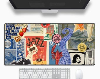 Cute Vibrant Patterns Aesthetic Collage Desk Mat, Large Rubber Mouse Pad, Water Repellent Table Cover Desk Pad for Writing, Laptop, Desktop