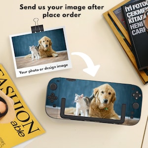 May include: A teal-colored gaming console skin featuring a photo of a golden retriever and a kitten. The image also shows a photo of the same pets, a white arrow, and text that reads "Send us your image after place order" and "Your photo or design image."
