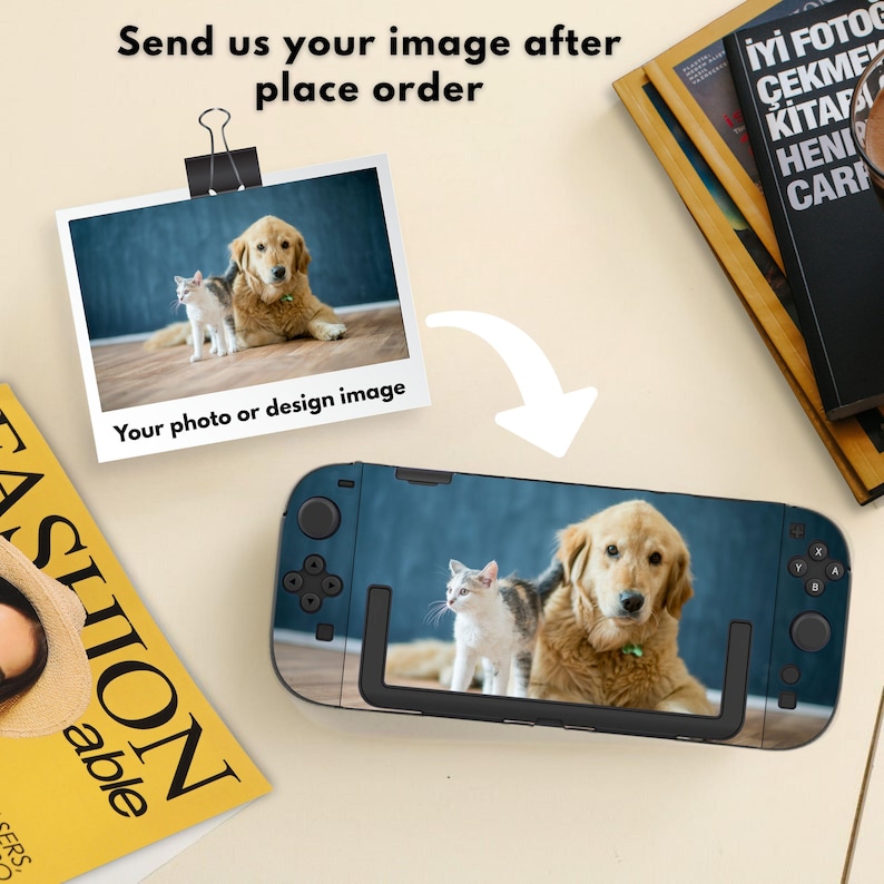 May include: A teal-colored gaming console skin featuring a photo of a golden retriever and a kitten. The image also shows a photo of the same pets, a white arrow, and text that reads "Send us your image after place order" and "Your photo or design image."