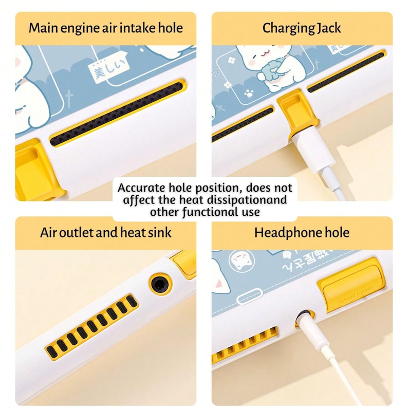 Puede incluir: Funda blanca y amarilla para dispositivos electr&oacute;nicos con ilustraciones de gatos y texto. La imagen muestra el orificio de entrada de aire del motor principal, el conector de carga, la salida de aire y el conector de auriculares. El texto dice "Posici&oacute;n precisa del orificio, no afecta la disipaci&oacute;n del calor y otro uso funcional."