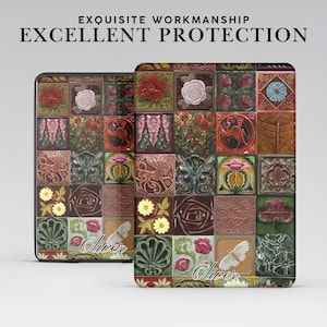 May include: Two phone cases with a colorful, mosaic-like design featuring floral and geometric patterns. The cases have a variety of colors, including red, pink, green, and brown. The text "EXQUISITE WORKMANSHIP" and "EXCELLENT PROTECTION" is displayed at the top.