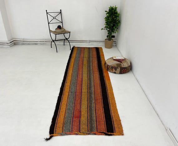 Colorful striped vintage kilim runner,turkish wool runner,vintage colorful runner,2x9 striped rainbow wool kilim runner,2'7x9'5 ft,292x85cm