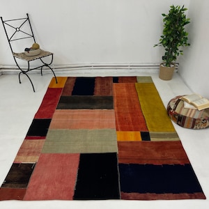Patchwork vintage Turkish kilim area rug 5x7 ft,vivid colors kilim rug 5x7,Turkish modern kilim rug 5x7,Colorful kilim area rug.222x162 cm
