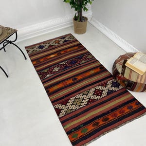 Vintage Turkish Kilim Rug 3x5 ft: Handwoven Wool Boho Decor