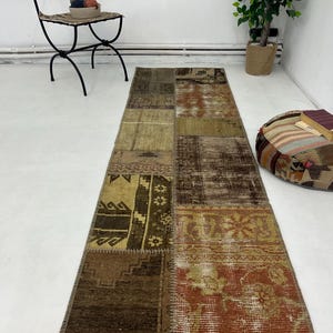 2x8 Brown Patchwork kilim runner 2x8 Brown vintage runner 2x8 Turkish kilim runner 2x8 handmade runner 2x8 Modern vintage runners,266x73 cm