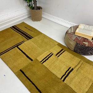 Hemp Mustard Yellow Vintage Handmade runner,Mustard Yellow patchwork long entry rug,Brown patterned rug,home decor rug 2x8, 262x73 cm