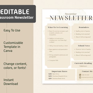 Neutral Editable Classroom Newsletter Template in Canva