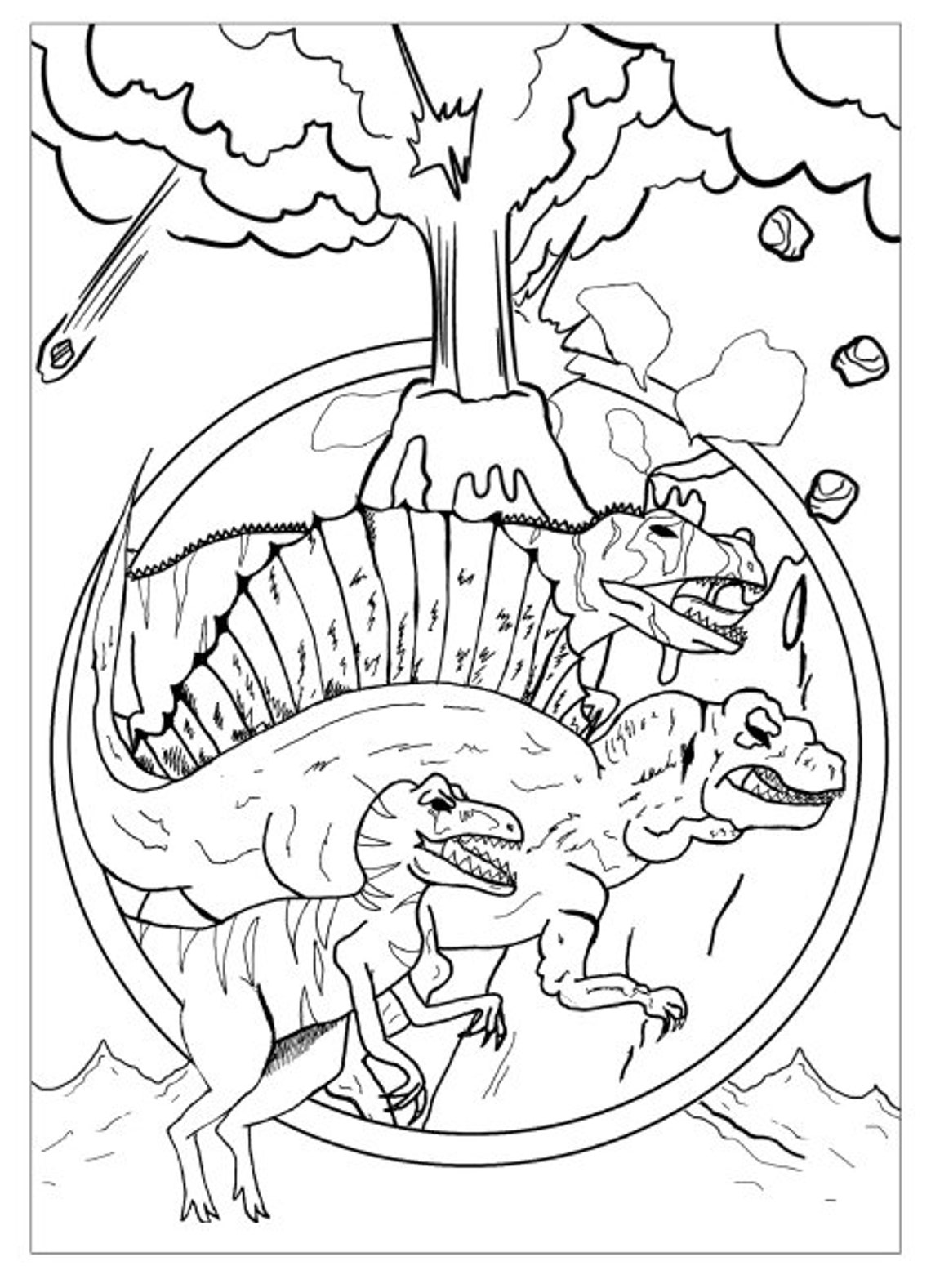 Dinosaurs over Volcano Coloring page for Adults and children | Etsy