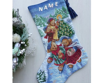 Finished Cross Stitch Christmas Stocking Personalization Christmas Gift by NatalieARTEmbroidery.