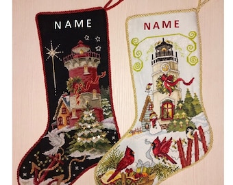 Two Finished Cross Stitch Christmas Stockings Personalization Christmas Gifts by NatalieARTEmbroidery.