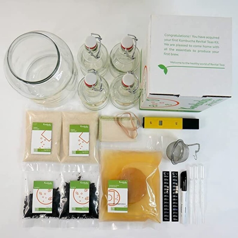 Deluxe Revital Kombucha Brewing Kit With Scoby & Starter, FDA Jar, 4