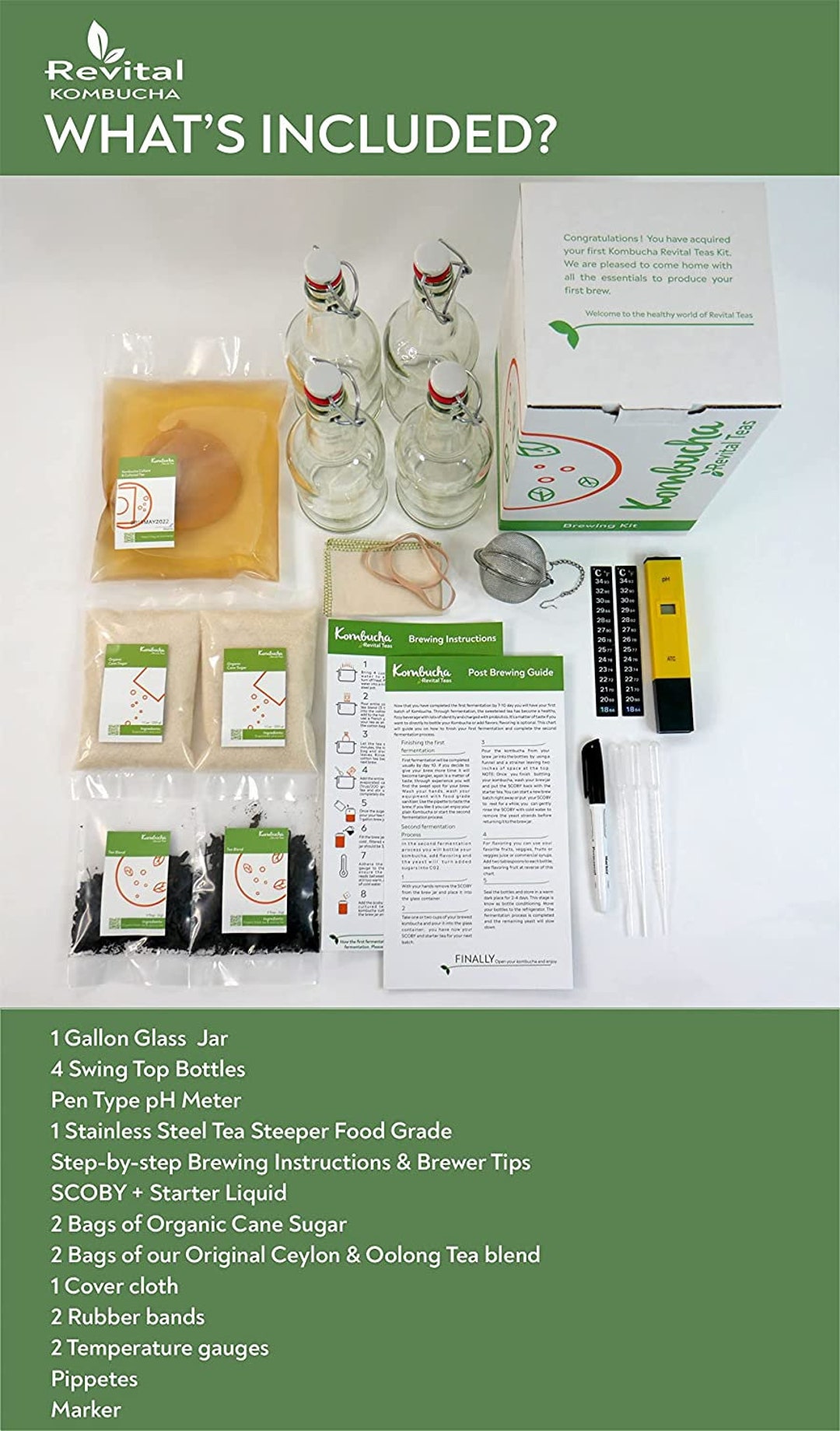 Deluxe Revital Kombucha Brewing Kit With Scoby & Starter, FDA Jar, 4