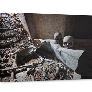 Könnte beinhalten: Zwei menschliche Schädel liegen auf einem Stück Blech in einem dunklen, staubigen Raum. Die Schädel sind nebeneinander positioniert, wobei einer etwas höher ist als der andere. Der Raum scheint verlassen zu sein, mit Schutt und Staub, der überall verstreut ist.