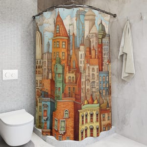Fairytale Cityscape Kids Shower Curtains, Fantasy Bathroom Decor, Magical Castle Theme, Children&#39;s Room, Nursery Decoration