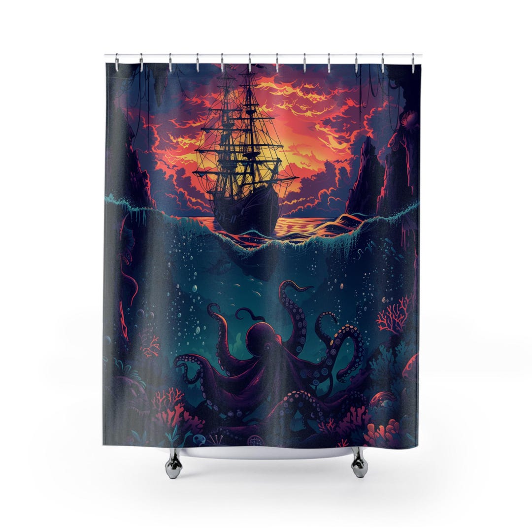 Piratenschiff-Duschvorhang, 183 X 183 Cm – Wasserdicht, Mit Unterwassermotiven (Oktopus, Quallen)
