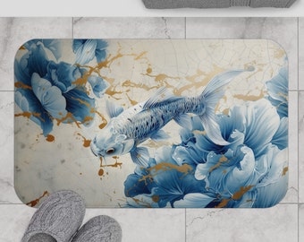 Koi Fish Chinese Silk Bath Mat |  Blue and White with Gold Bath Mat | | Home Bathroom Shower Decor Mat | 24"x17" or 34"x21" Sizes