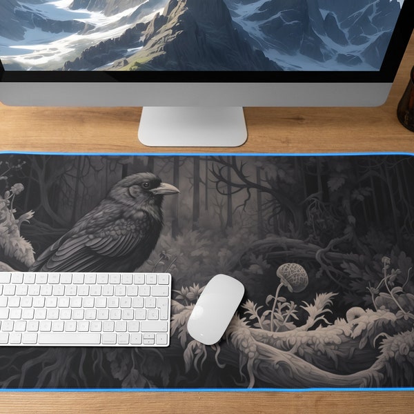 Black and White Bird in Forest Desk Mat, Black Bird Desk Mat, Mouse Pad, Black and White Desk Mat, Mouse Pad, Dark Forest Desk Mat