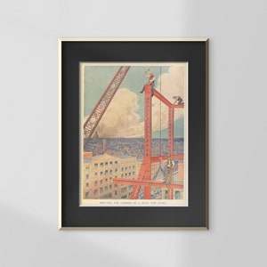 1920 "Erecting Girders" Lithographic Book Plate | An Antique Industrial Construction & Engineering Wall Art Print for Boy's Bedroom Decor