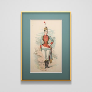 1890s Spanish Solider & Tambourine Original Chromolithographic Costume Fashion Print | Antique Victorian Burlesque Theater Souvenir Wall Art