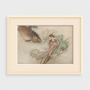 1920s Fairy & Trout Original Antique Print by Warwick Goble | An Art Nouveau Fairytale Book Plate, Girls Bedroom or Baby Nursery Wall Decor