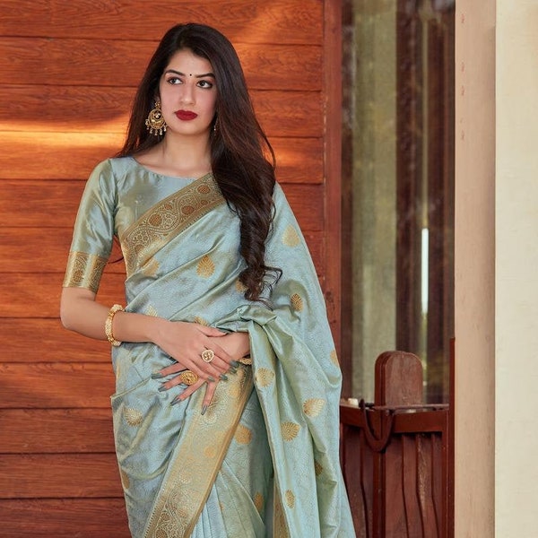 Pastel Green Woven silk Saree With Free Size Blouse,Handmade Saree for women's |  Beautiful Designer Saree | Wedding Saree | Jacquard Saree