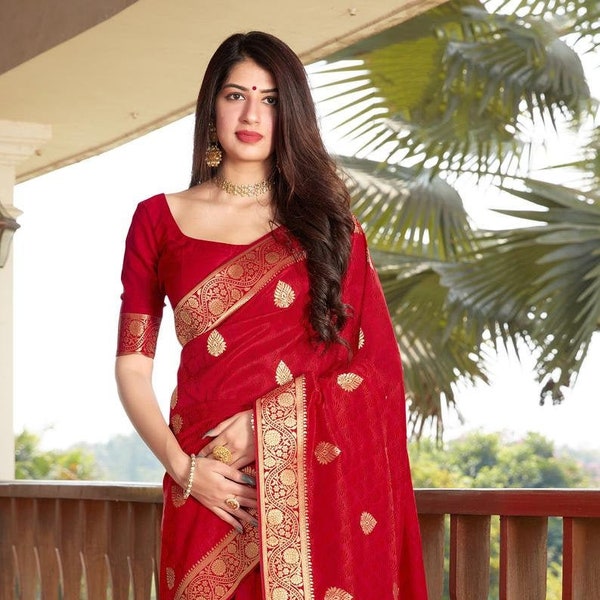 Sari en soie banarasi tissée de couleur rouge avec chemisier en taille libre, sari en soie fait main pour femme | Beau sari de créateur | Sari de mariage |