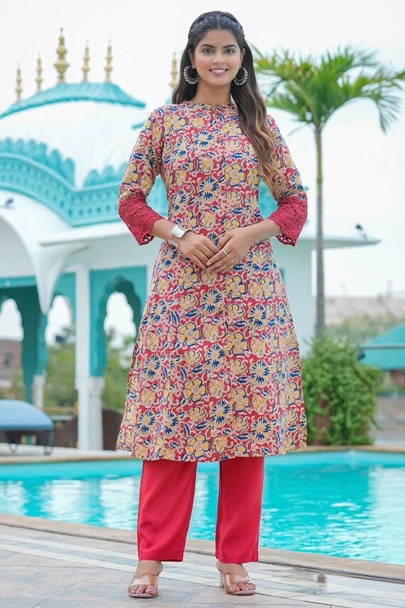 Red Indigo Hand Block Printed Kurta With Stand Collar - K201F1827 | Kurta  designs women, Simple kurta designs, Salwar designs