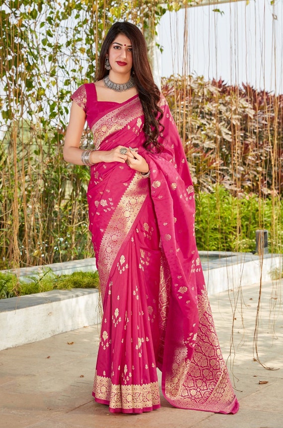 Free Size Designer Saree Women's Pink & Gray Jacquard Patch Sari with Blouse 
