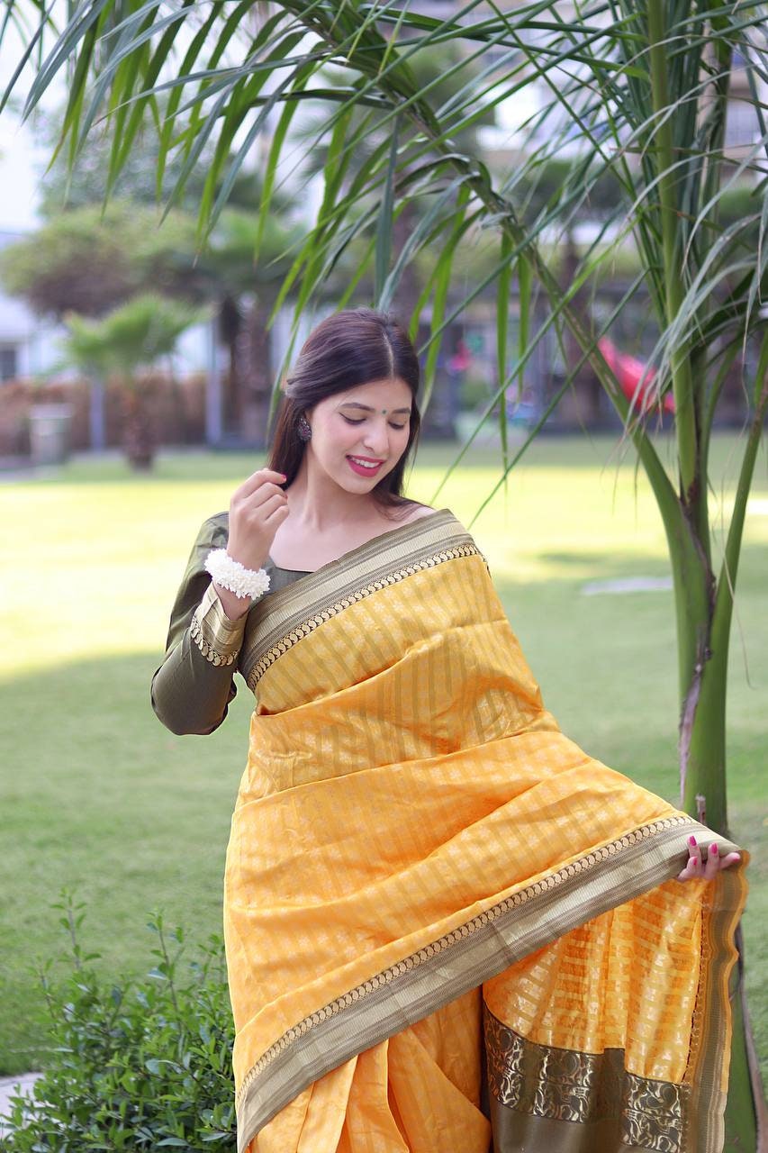 CM - Yellow Colour Lichi Silk Saree - Silk Sarees - Sarees - Indian