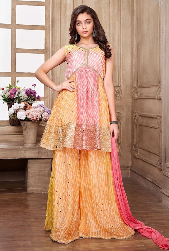 Kids Pink and Orange Leheriya Palazzo Suit Fancy Palazzo Suit