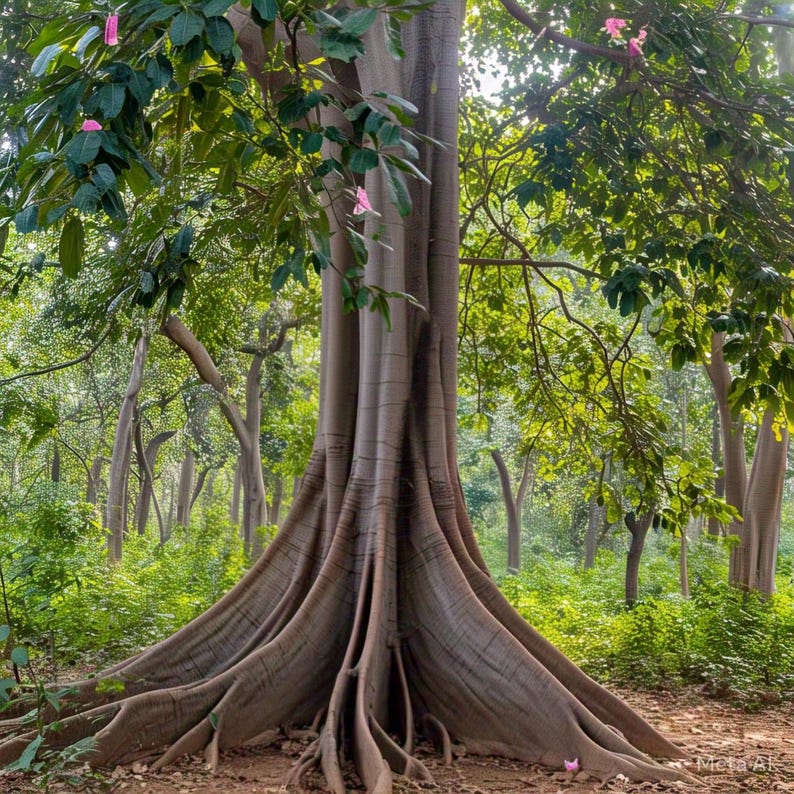 Peut inclure: Un grand arbre avec des racines &eacute;paisses et noueuses et une canop&eacute;e de feuilles vertes. Des fleurs roses sont visibles dans les branches.