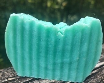 Può includere: Una saponetta turchese con una texture a coste. Il sapone ha una forma curva e poggia su una superficie di legno stagionato. Lo sfondo è sfocato, suggerendo un ambiente esterno.