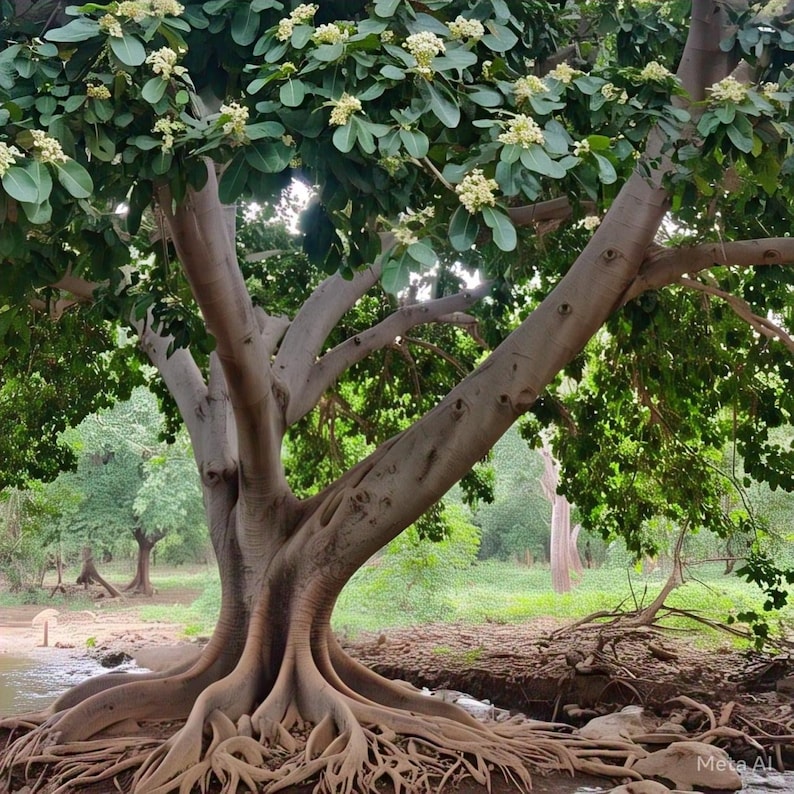 Peut inclure: Un grand arbre avec un tronc &eacute;pais et de nombreuses branches, poussant pr&egrave;s d'un cours d'eau. L'arbre a des fleurs blanches et des feuilles vertes. Les racines de l'arbre sont visibles et s'&eacute;tendent sur le sol.