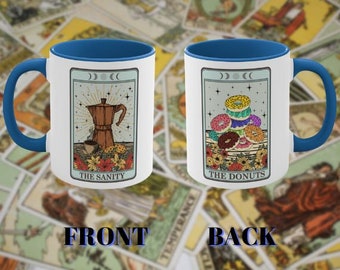 Hilarious Tarot Coffee And Donuts Meme Coffee Mug, Funny Tarot Coffee Mug, Witchy Mug, Tarot Card Coffee Cup