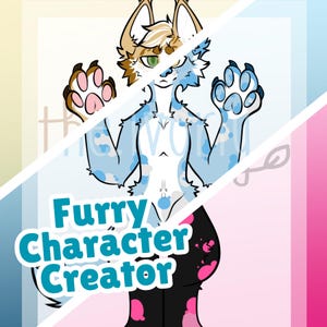 May include: A digital illustration of a furry character with a light blue and white color scheme. The character has brown and tan fur accents, green eyes, and black and pink paw pads. The text "Furry Character Creator" is displayed in a teal font.