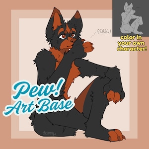 Puede incluir: Una base de arte de personaje peludo de color negro y naranja con el texto "Pew! Art Base" en azul. El personaje está sentado con las patas cubriéndose la boca y una pequeña nube con la palabra "POOW" sobre su cabeza.