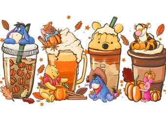 Pooh Fall Coffee Lattes Sublimation PNG JPEG FIle