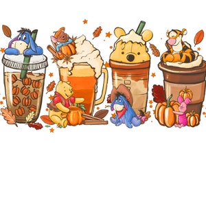 Pooh Fall Coffee Lattes Sublimation PNG JPEG FIle image 1