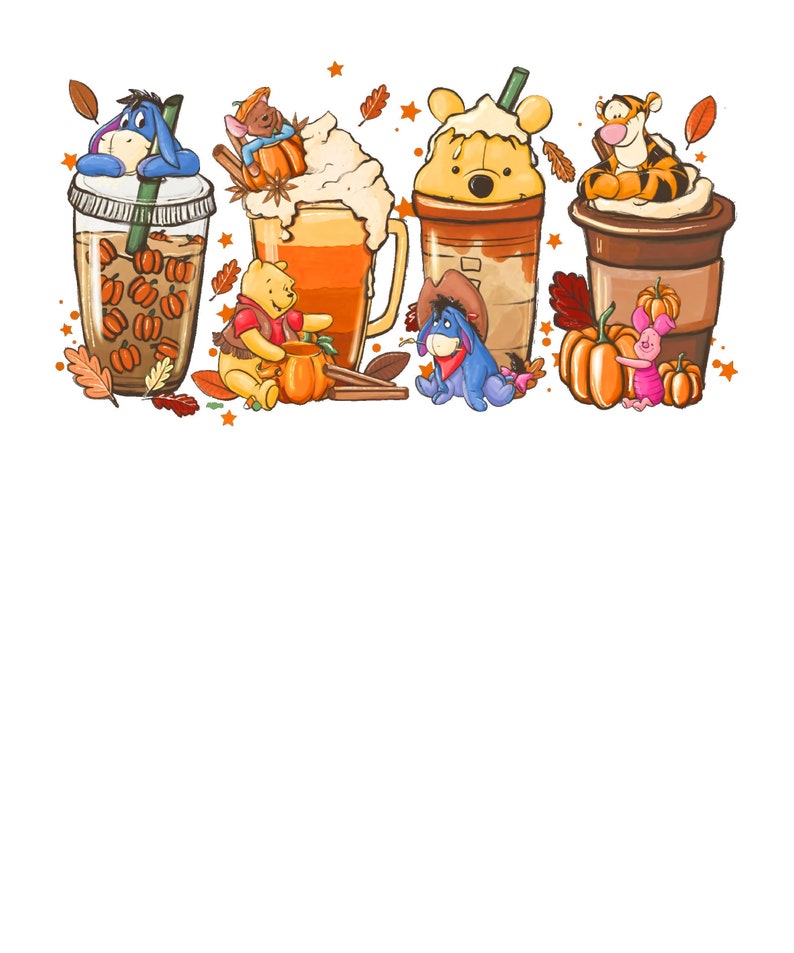 Pooh Fall Coffee Lattes Sublimation PNG JPEG FIle image 1