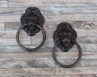 2 Pcs Vintage Style Cast Iron Lion Face Door Ring Pulls - Farmhouse Kitchen Decor