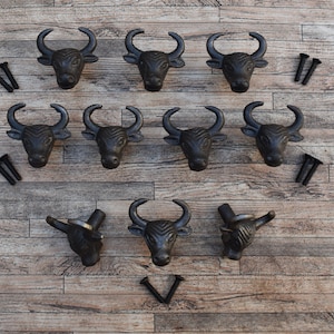 10 peças Vtg Ferro Fundido Vaca Búfalo Rosto Formato Gaveta Armário Porta Portão Puxadores Maçanetas Alças Fazenda Celeiro Casa Decoração