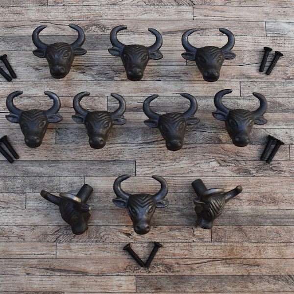 10Pcs Vtg Cast Iron COW BUFFALO Face Shape Drawer Cabinet Cupboard Door Gate Pulls Knobs Handles Farm Barn House Decor