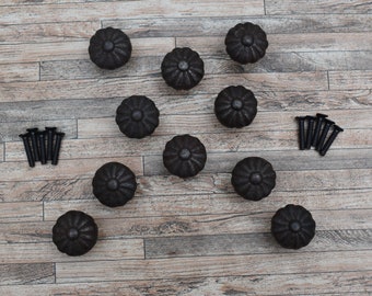 10 Cast Iron Melon Shape Cabinet Drawer Knobs - Rustic Farmhouse Kitchen Decor