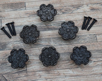 Set of 6 Cast Iron Door Knobs - Rustic Farmhouse Cabinet Floral Pulls