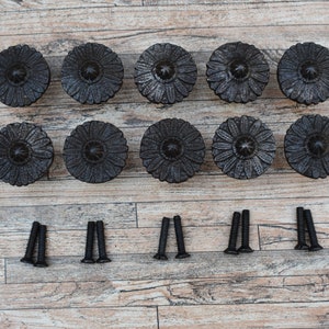 May include: Ten black metal cabinet knobs with a daisy design and ten black screws.