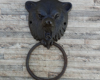 Cast Iron Grizzly Bear Door Knocker, Vintage Style Farmhouse Decor