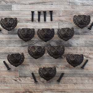 May include: Ten brown cast iron owl drawer pulls with a rustic finish. The pulls are arranged in a triangle shape on a wood background. The pulls come with screws.