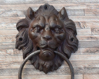 Vintage Cast Iron Large Lion Door Knocker, Rustic Farmhouse Gate Hardware