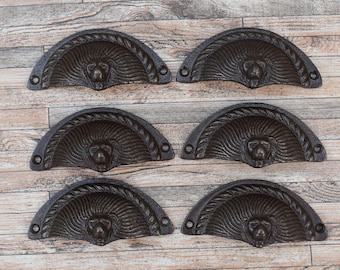 Vtg Victorian Style Cast Iron Lion Cupboard Cabinet Door Gate Drawer Bin Pull Cup Handle Farm Barn House Decor 6 Pcs lot
