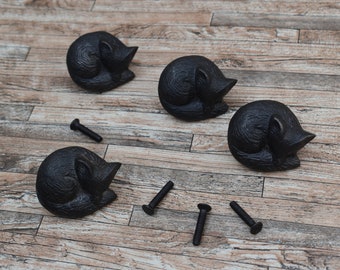 4 Vintage Cast Iron Fox Knobs, Sleeping Animal Drawer Pulls